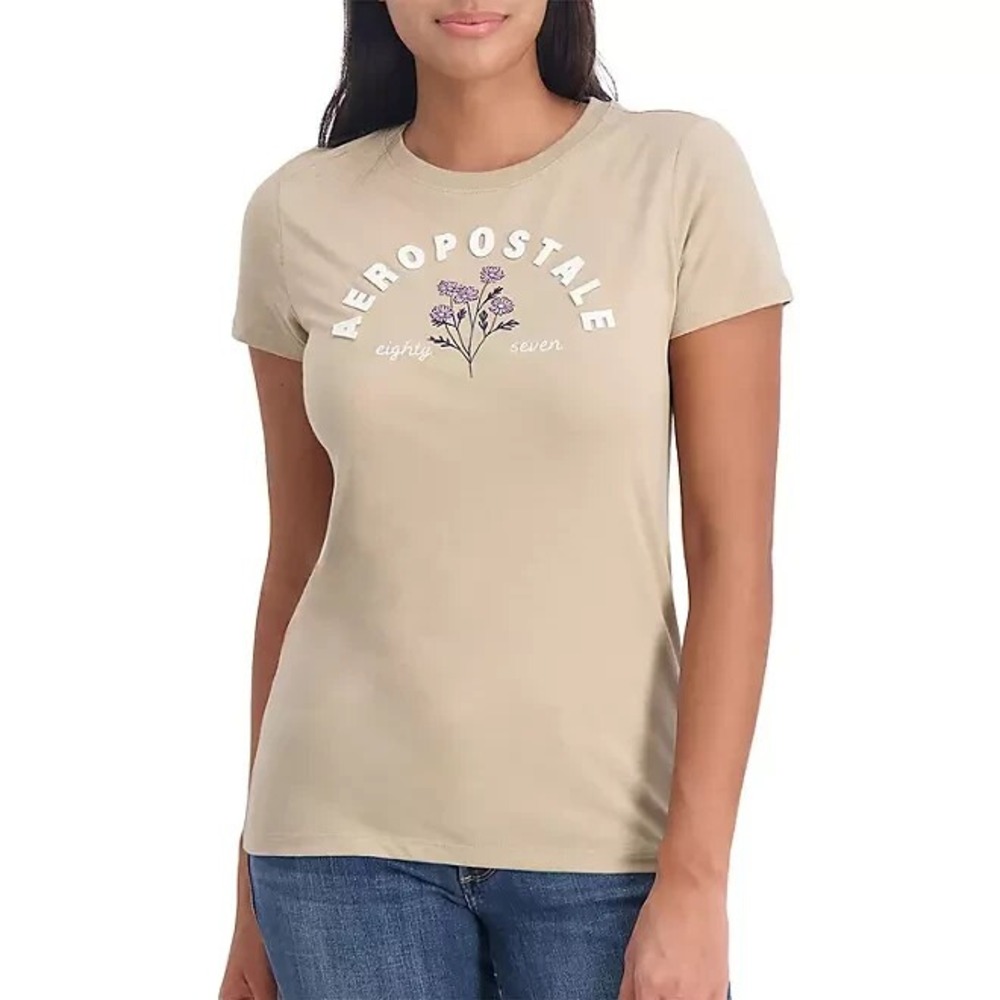 Aeropostale Womens Graphic Tee Brown Floral Logo Slim Fit Crew Neck Shirt S